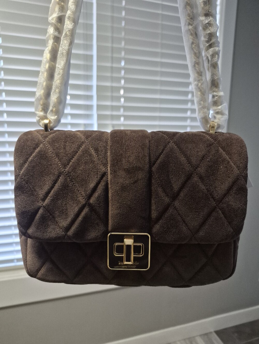 kate spade Quilted Brown Suede Crossbody Bag with Gold Hardware